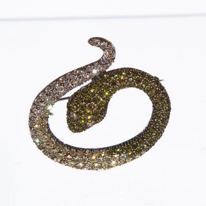 Vintage Pavé Snake Brooch with Green & Clear Crystals – Statement Piece)
