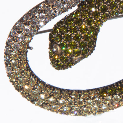 Vintage Pavé Snake Brooch with Green & Clear Crystals – Statement Piece)