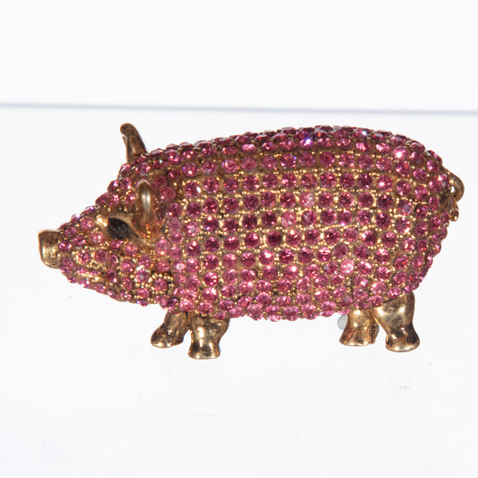 Vintage Pink Crystal Pavé Pig Brooch – Gold Tone, Circa 2005, New Old Stock