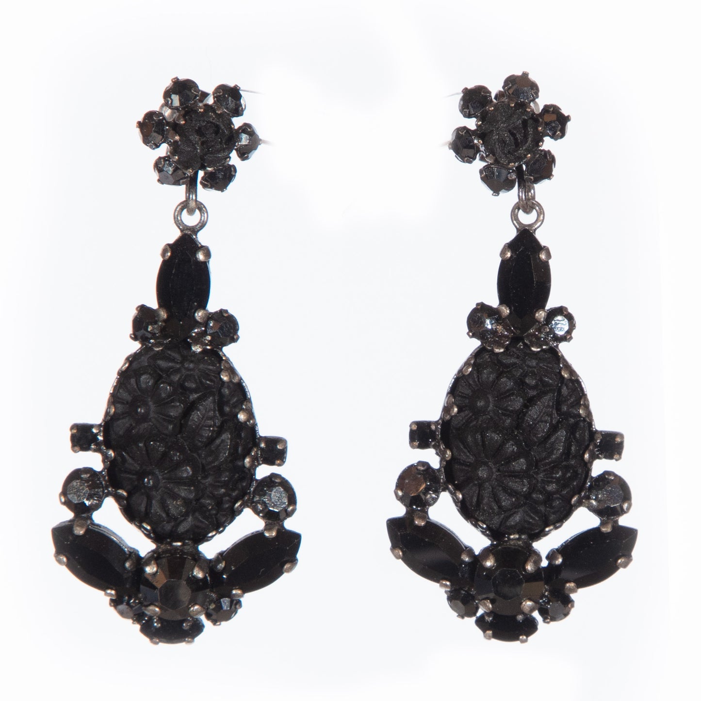 Konplott, Victoria, Vintage Black Floral Drop Earrings – Gothic Jet Crystal Statement Earrings