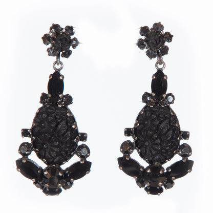 Konplott, Victoria, Vintage Black Floral Drop Earrings – Gothic Jet Crystal Statement Earrings