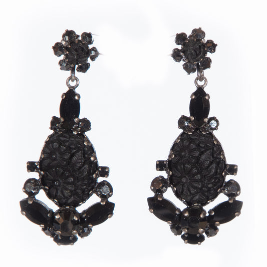 Konplott, Victoria, Vintage Black Floral Drop Earrings – Gothic Jet Crystal Statement Earrings