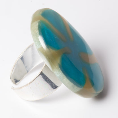 Watch This Space – Oval Resin Statement Ring, Teal & Silver (35 × 25 mm)