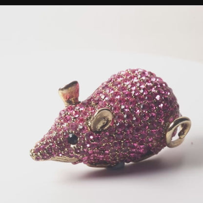 Vintage Pink Crystal Pavé Mouse Brooch – Gold Tone, Circa 2005, New Old Stock