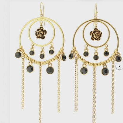 Pilgrim Rose Elaborate Earrings, Black/Gold