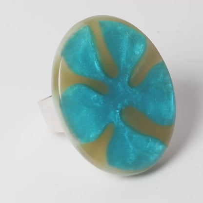 Watch This Space – Oval Resin Statement Ring, Teal & Silver (35 × 25 mm)