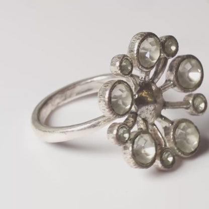 Pilgrim Crystal Sculptural Starburst Statement Ring – Silver Tone (c. 2010)