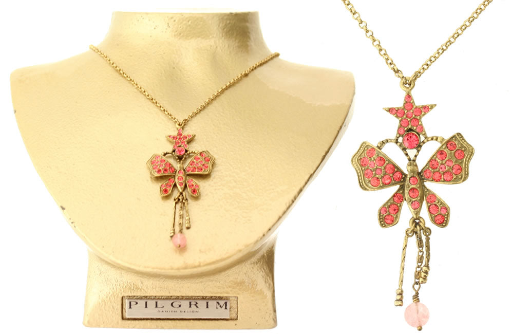 Pilgrim Butter Star Butterfly and Star Necklace, Coral/Gold