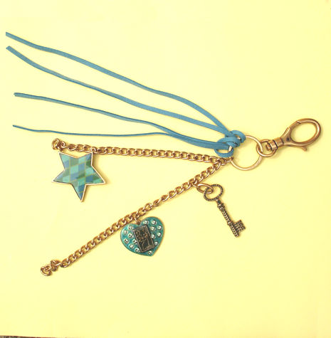 PIlgrim Key Star and Heart Bag Charm, Turquoise/Gold