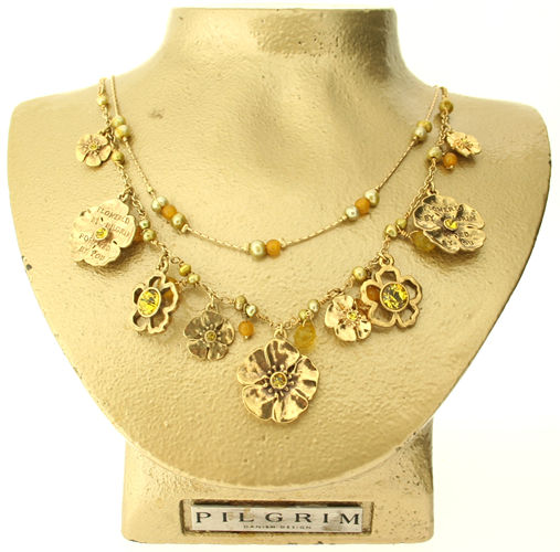 Pilgrim Flowered By Pilgrim Twin Chain Necklace, Lime/Gold