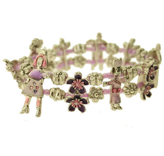 Pilgrim Happy Faces Happy Faces Elaborate Elasticated Bracelet, Purple/Silver