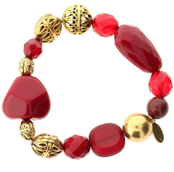 PIlgrim Ornamental Chunky elasticated bracelet, Red/Gold