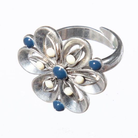 Pilgrim Crazy Flower Adjustable Ring, Blue/White/Silver