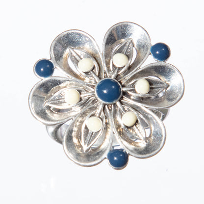 Pilgrim Crazy Flower Adjustable Ring, Blue/White/Silver