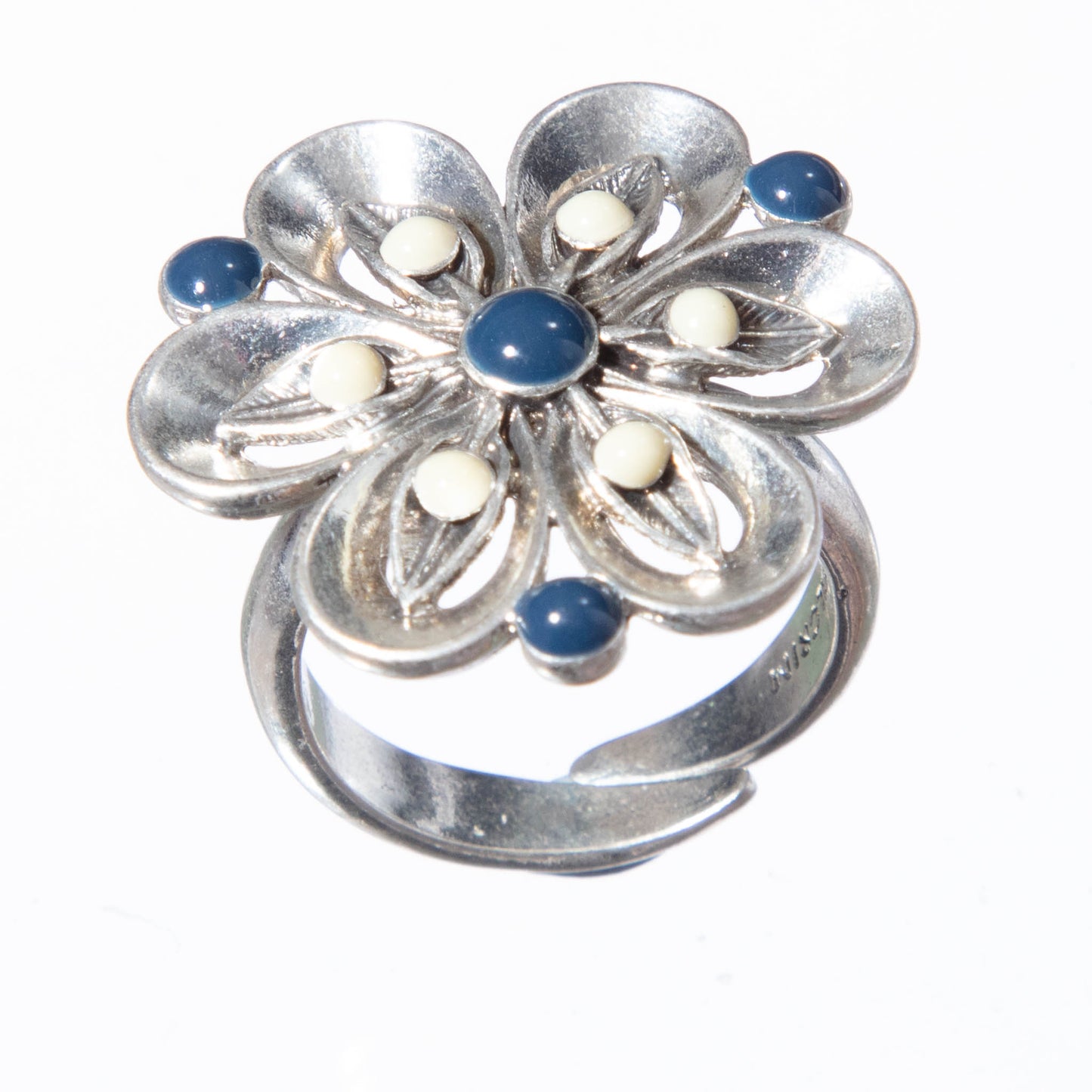 Pilgrim Crazy Flower Adjustable Ring, Blue/White/Silver