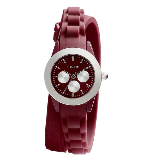Pilgrim, Watch with rubber strap, Silver Plated, Bordeaux