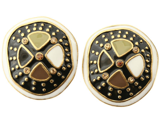 A&C Bogolan Large Clip-On Earrings, Black/Brown/Green/Gold