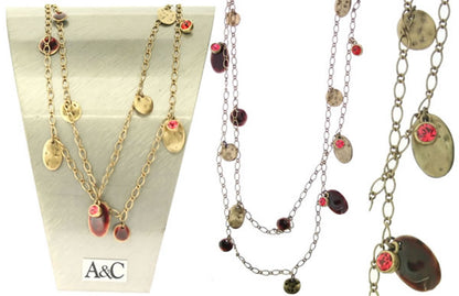 A&C Shabby Metal Beautiful Long Necklace, Burgundy/Gold