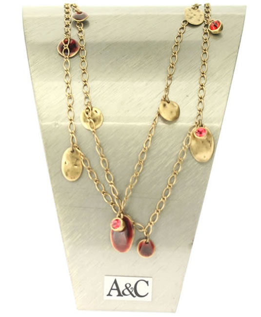 A&C Shabby Metal Beautiful Long Necklace, Burgundy/Gold