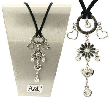 A&C Daisy Pendant On A Suede Thong, Black/Silver