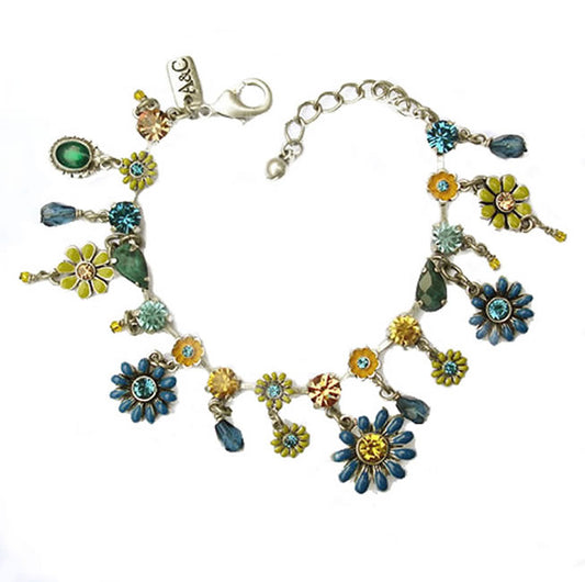 A&C Fab Flowers Beautiful Bracelet, Blue/Yellow/Silver