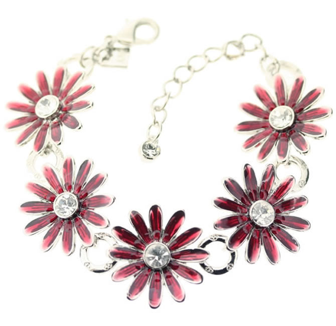 A&C Daisy Five Flower Bracelet, Red/Silver