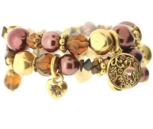 A&C Ornament Elasticated Double Strand Bracelet, Gold/Brown
