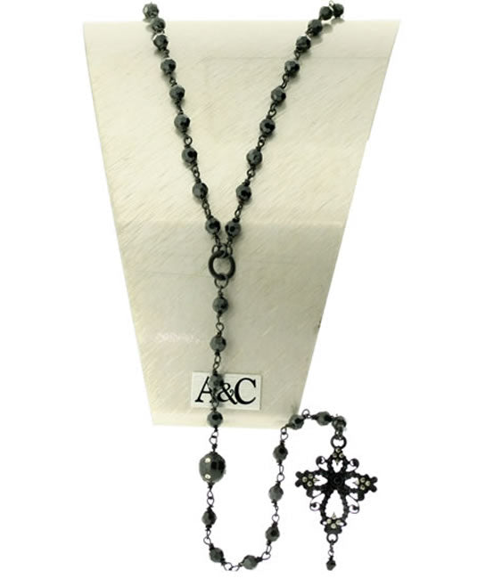 A&C Gothic Cross Rosary Bead Necklace, Matt Black