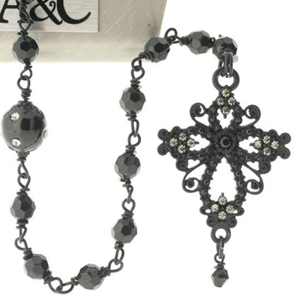 A&C Gothic Cross Rosary Bead Necklace, Matt Black
