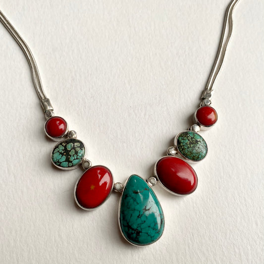 Stunning Sterling Silver Necklace with Turquoise and Coral