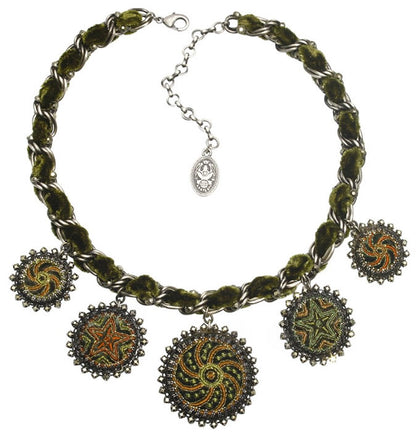 All around Necklace with Velvet Green/Brown/Silver, Green,Brown,Silver