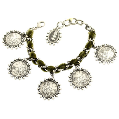 Bracelet with entwined Velvet Green/Brown/Silver, Green,Brown,Silver