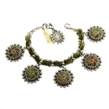 Bracelet with entwined Velvet Green/Brown/Silver, Green,Brown,Silver