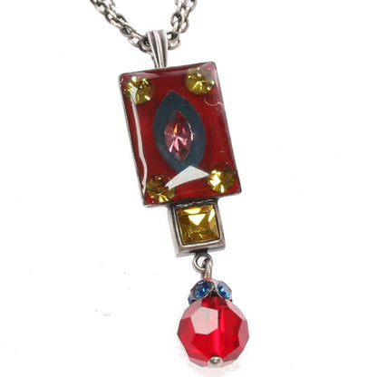 Rectangular Small Drop Pendant, Red/Multi/Silver