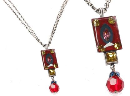Rectangular Small Drop Pendant, Red/Multi/Silver