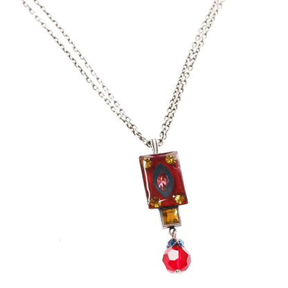 Rectangular Small Drop Pendant, Red/Multi/Silver