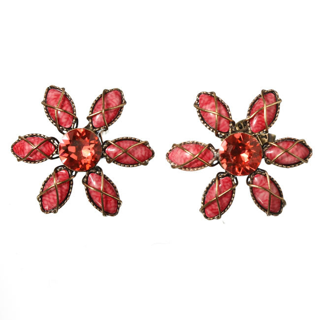 Konplott, Psychodahlia Flower Stud Earrings, Coral/Gold