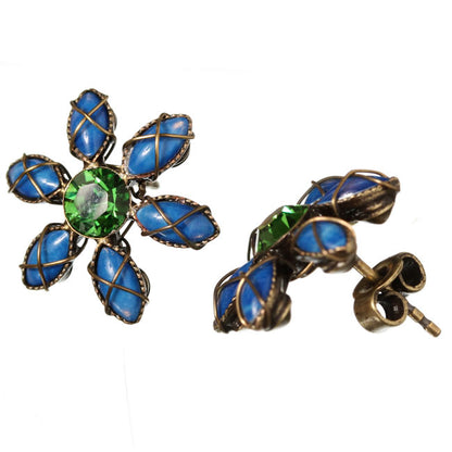 Flower Stud Earrings, Blue/Green/Gold