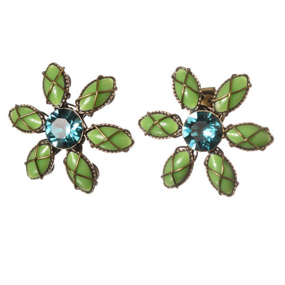 Flower Stud Earrings, Green/Turquoise/Gold