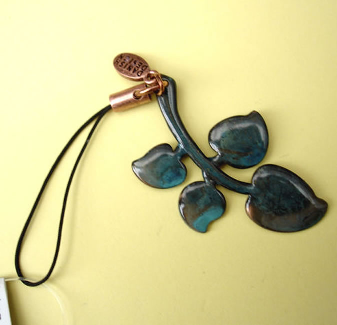 Pilgrim Heart Leaf Mobile Phone Tag, Teal Blue Patina/Copper