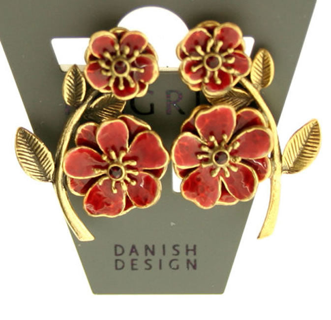 Pilgrim Twin Blossom Clip On Flower Earrings, Red/Gold