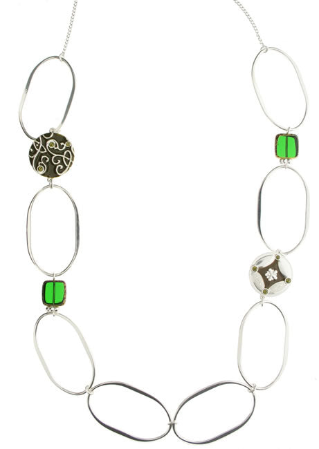 Pilgrim Ethnic Nature Long Necklace, Green/Silver