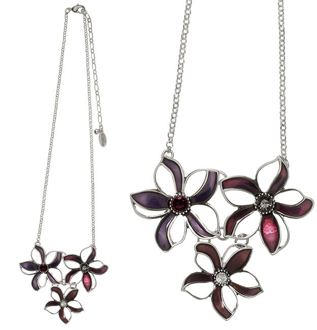 Pilgrim Velvet Triple Cluster Necklace, Burgundy/Silver