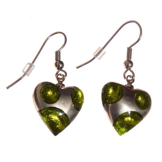 Watch this Space Earrings from the Domed Heart Collection, Green/Silver.