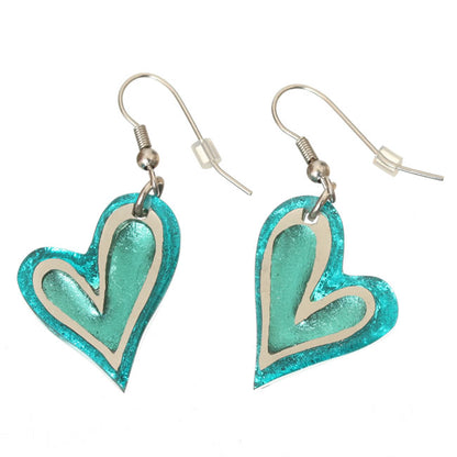 Watch this Space Earrings, Linear Hearts Collection, Teal/Silver