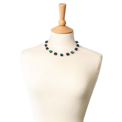 Watch this Space Necklace, Square Buttons Collection, Peacock/Silver